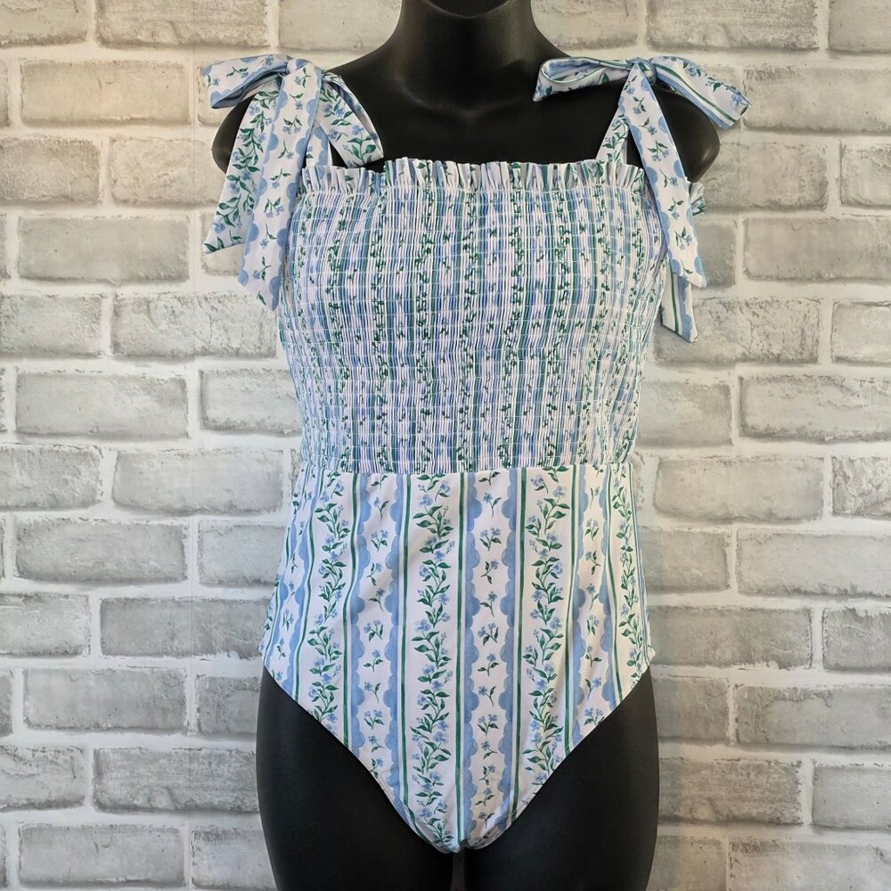 Boutique Retro Smocked Floral One Piece Swimsuit NEW S Cottage Modest Blue